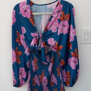 Free People Blue and Pink Floral Mini Dress- open waist stretch bottom.